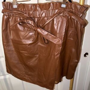 Brown Faux Leather Asymmetrical Paperbag Waist Mini Skirt